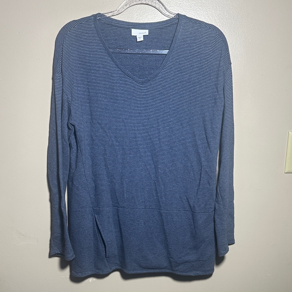 J Jill Small Blue Striped‎ V Neck Long Sleeved Tunic With Pockets